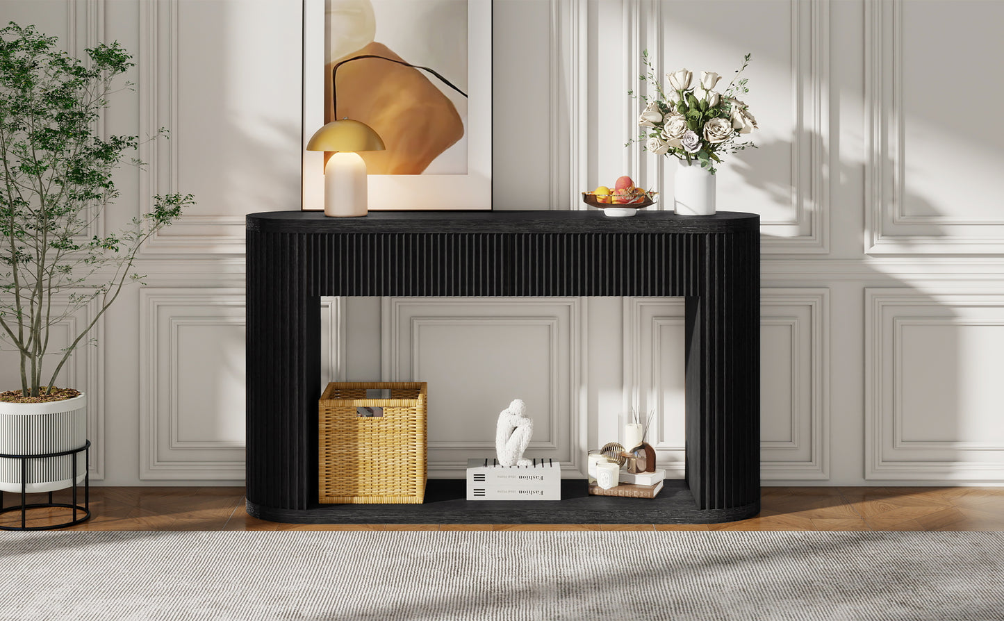 TREXM Oval Fluted Console Table with 2 Drawers and Bottom Shelf, Wood Entryway Table with Smooth Metal Slides for Living Room, Entryway (Black) image 2