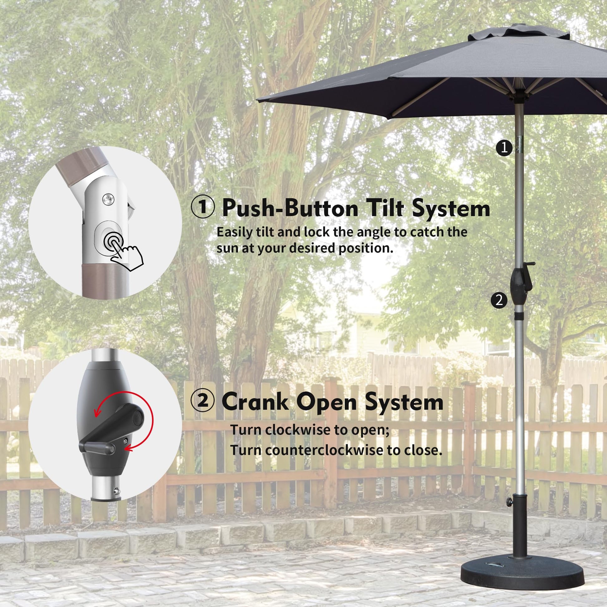 7.5FT Patio Umbrella, Outdoor Table Umbrella with Push Button Tilt and Crank, UV Protection Waterproof Market Sun Umbrella with 6 Sturdy Ribs for Garden, Deck, Backyard, Pool (Gray) image 4