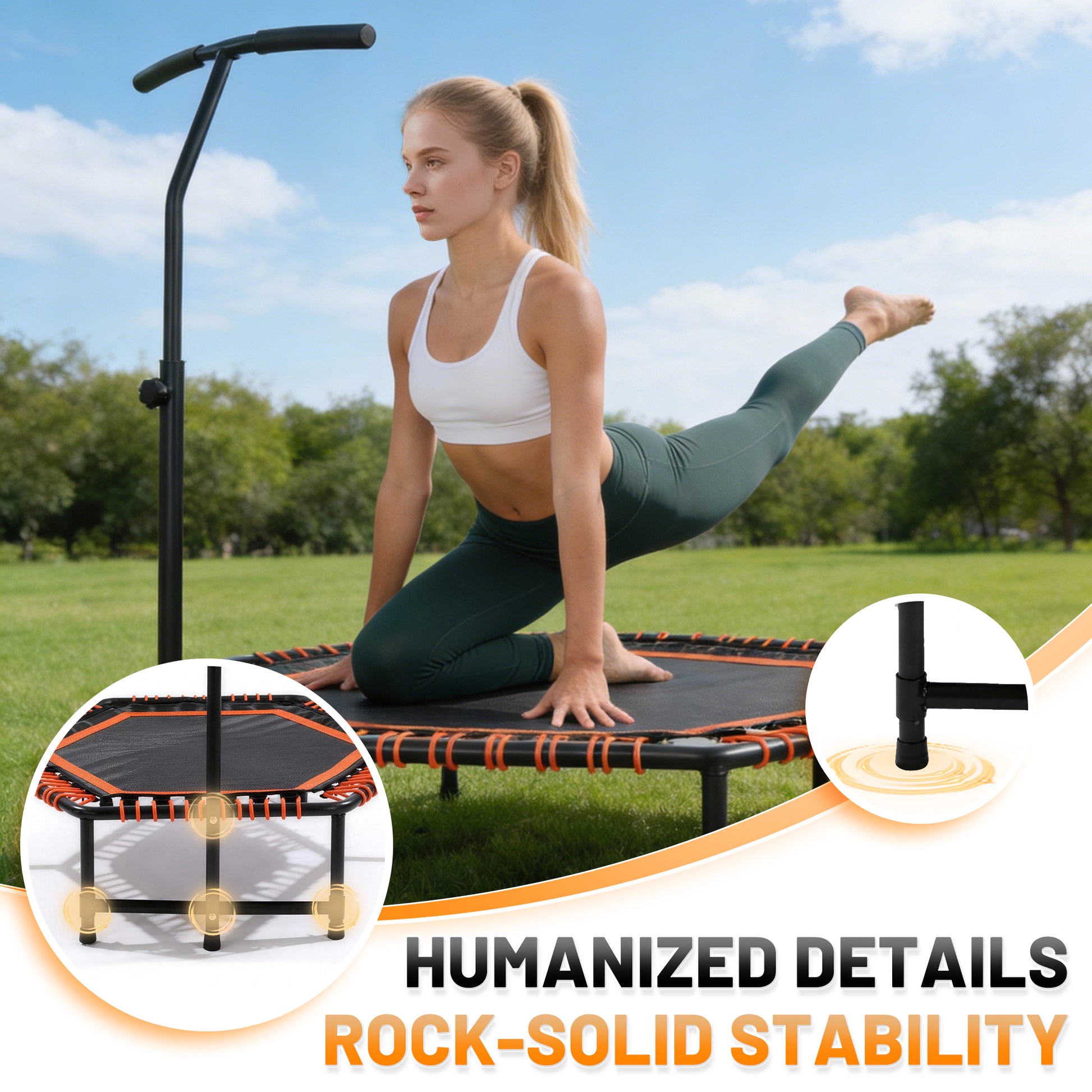 48" Mini Rebounder for Adults with Adjustable Handle Bar, Bungee Ropes, Stable & Quiet, Indoor Outdoor, Whole-Body Workout & Relaxation,Fitness Trampoline for Home and Gym, Cardio & Strength Training image 7