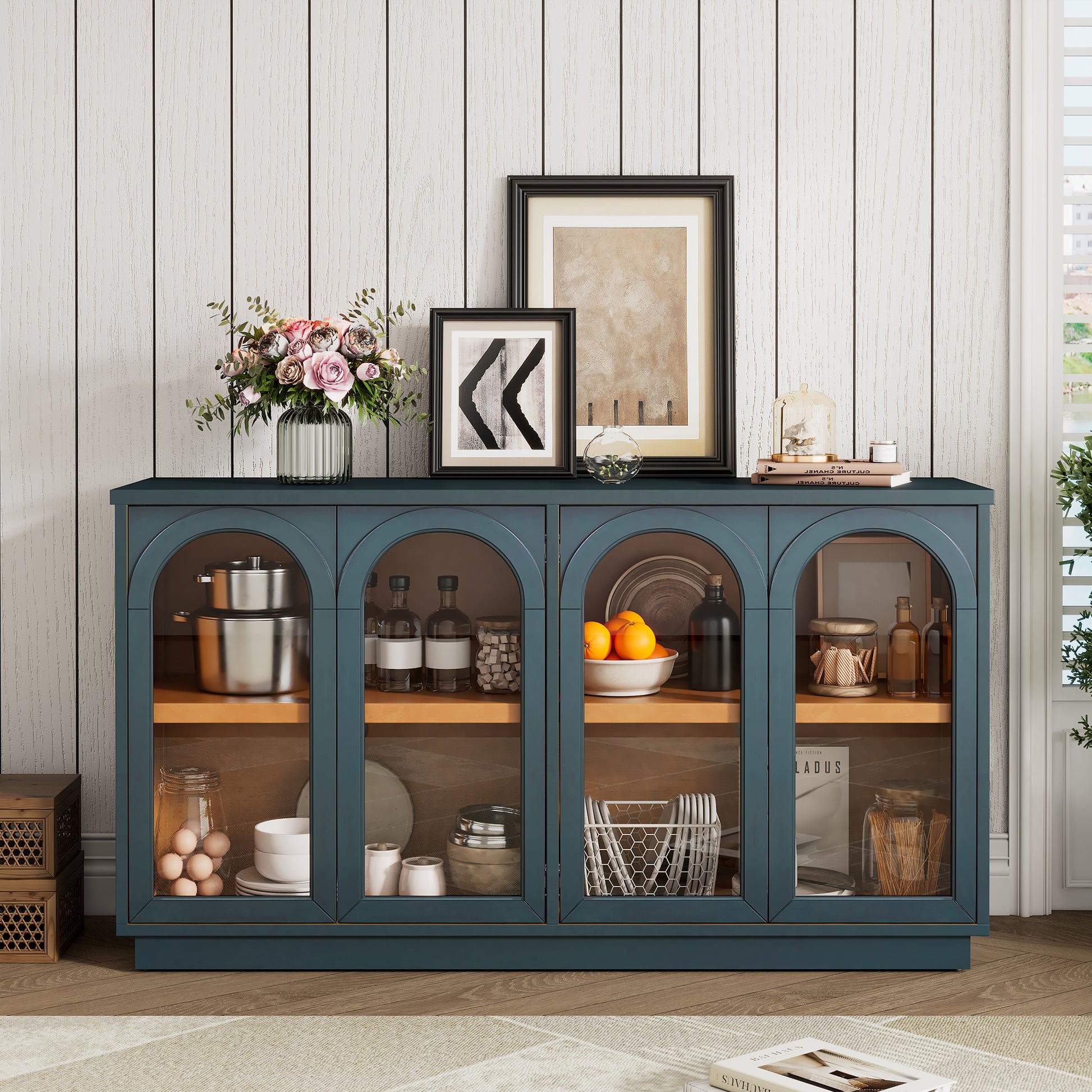 TREXM 4-Door Large Storage Buffet Cabinet with Glass Doors, Arched Cabinet with Adjustable Shelves for Kitchen, Dining Room and Living Room (Navy) image 12