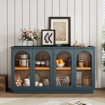 TREXM 4-Door Large Storage Buffet Cabinet with Glass Doors, Arched Cabinet with Adjustable Shelves for Kitchen, Dining Room and Living Room (Navy) image 12