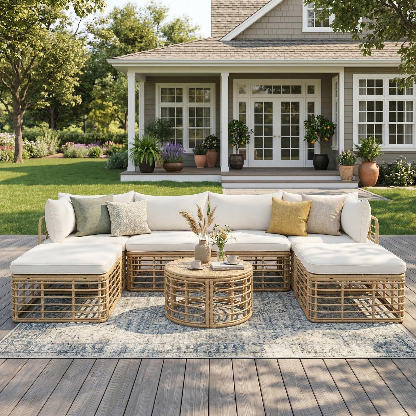 GO 7 Pieces Outdoor Patio Furniture, All-Weather Rattan Sectional Sofa Set with Thick Cushions and Pillows, Freely Combined Conversation Sets for Garden, Backyard, Balcony, Beige image 1