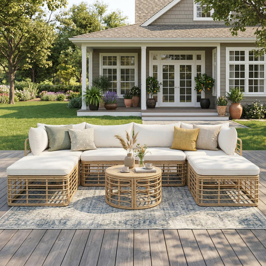 GO 7 Pieces Outdoor Patio Furniture, All-Weather Rattan Sectional Sofa Set with Thick Cushions and Pillows, Freely Combined Conversation Sets for Garden, Backyard, Balcony, Beige image 1