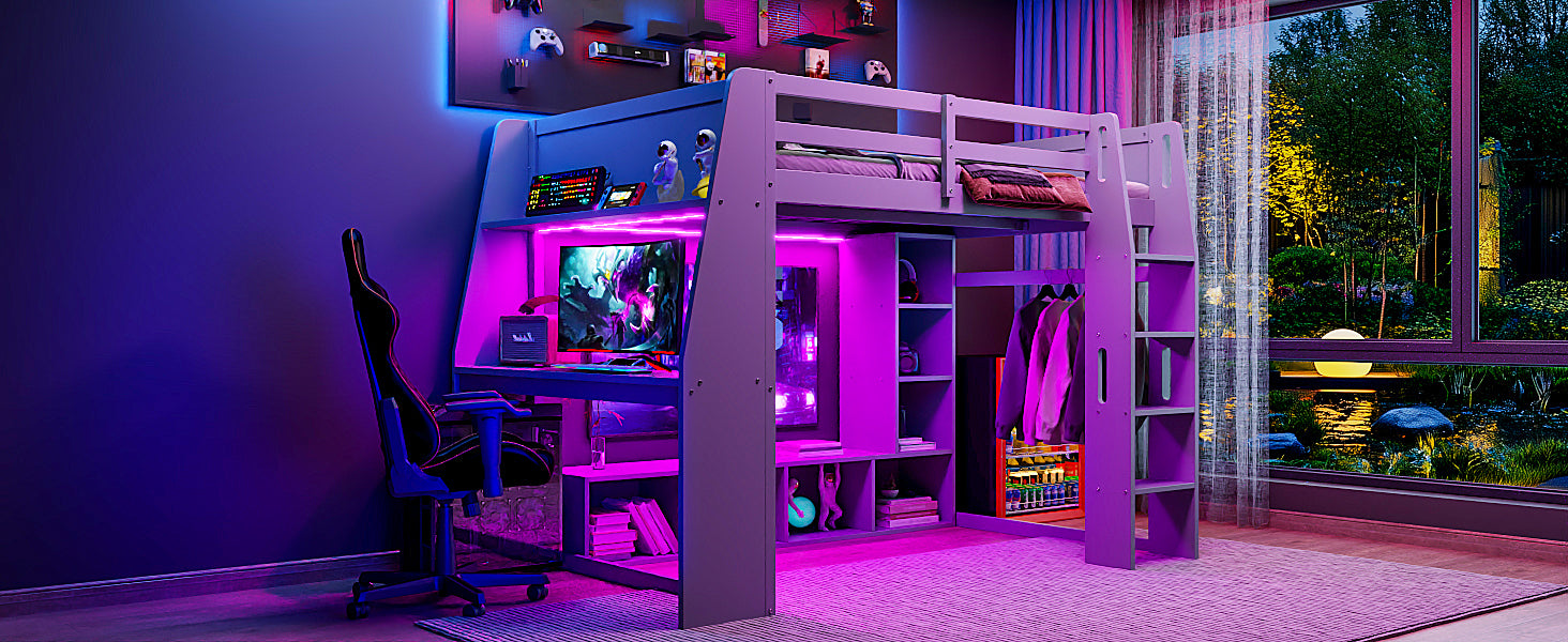 Wood Full Size Gaming Loft Bed with Desk, Multi-storage Shelves, LED and a Hanging Clothes Rack, Gray(Old SKU:N7090001042E) image 8