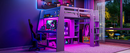 Wood Full Size Gaming Loft Bed with Desk, Multi-storage Shelves, LED and a Hanging Clothes Rack, Gray(Old SKU:N7090001042E) image 8