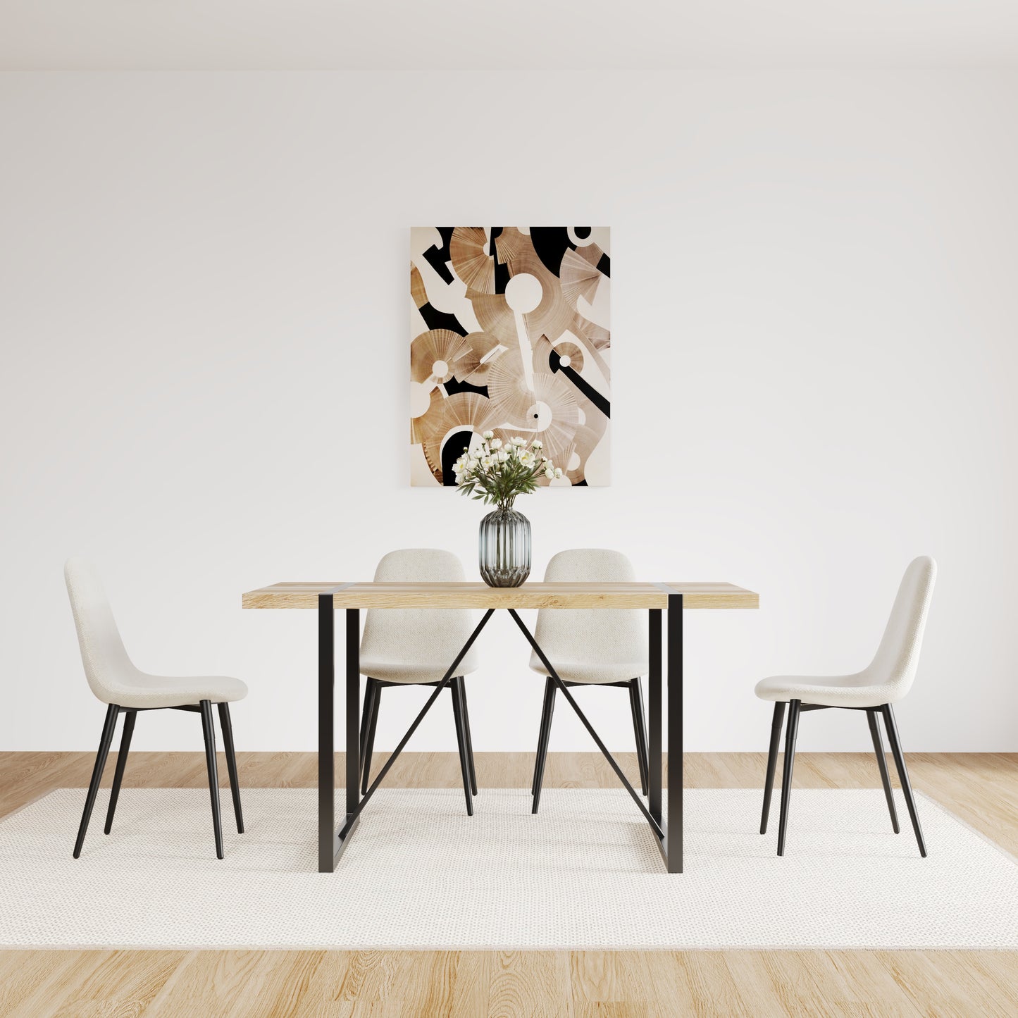 55" MDF Wood Colour Dining Table and Modern Dining Chair Set of 4, Mid Century Wooden Kitchen Table Set, Metal Base & Legs, Dining Room Table and Linen Chairs image 3
