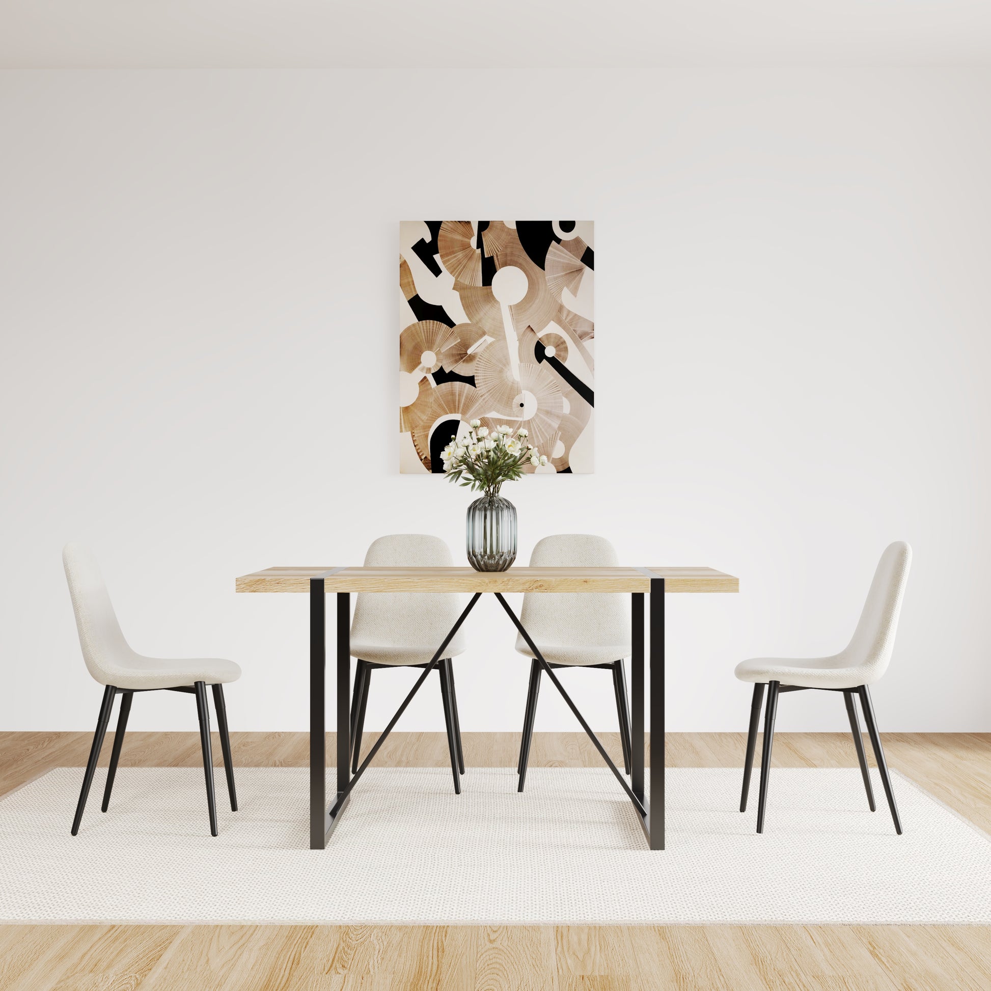 55" MDF Wood Colour Dining Table and Modern Dining Chair Set of 4, Mid Century Wooden Kitchen Table Set, Metal Base & Legs, Dining Room Table and Linen Chairs image 3