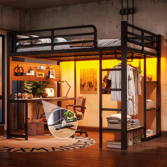 Full Loft Bed with Storage Shelves and Desk, Metal Loft Bed with USB Ports, Lights, and Hanging Rod, Cave Board Design, Black image 1