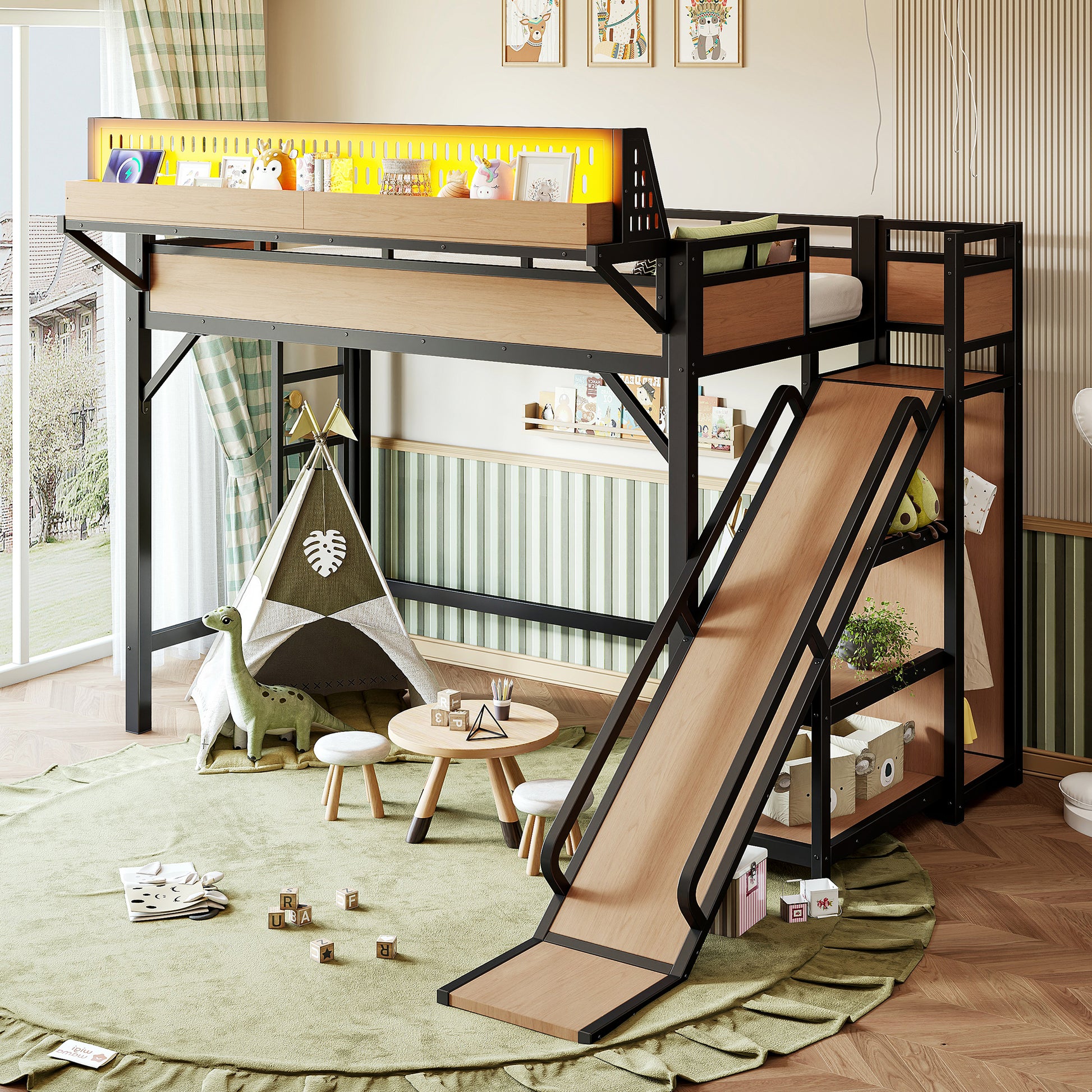 Twin XL Size Loft Bed with Slide, Storage Shelves and Built-in Wardrobe, Metal Loft Bed Frame with USB Ports and LED Lights, with Pegboard, Safety and Solid, Natural image 4