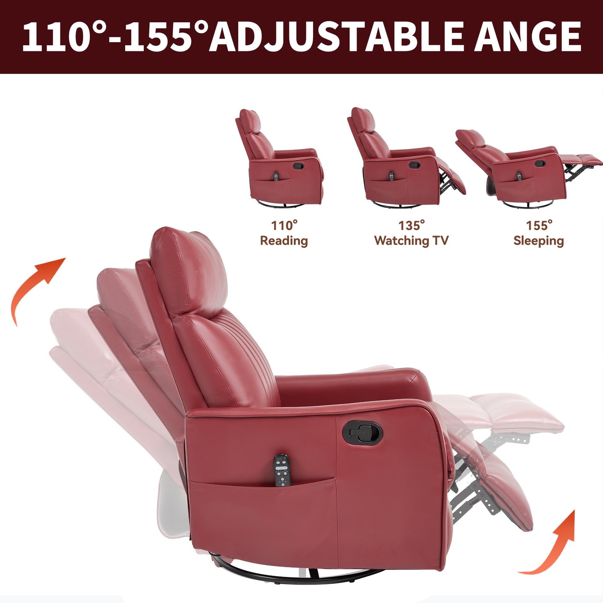 Red Faux Leather Heat Massage Manual Recliner Chair with Rocker and Swivel for Living Room image 5