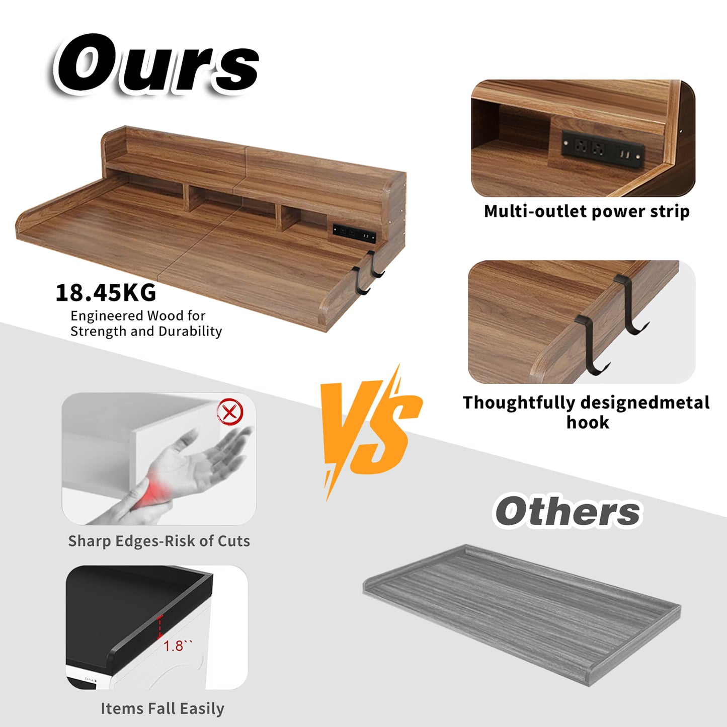 2-Tier Washer and Dryer Countertop with Power Outlet, 54" W x 27.5" D Large Laundry Countertop for Fold Clothes, Laundry Topper with Non-Slip Pads & Hooks and Storage Basket (Walnut Color) image 3