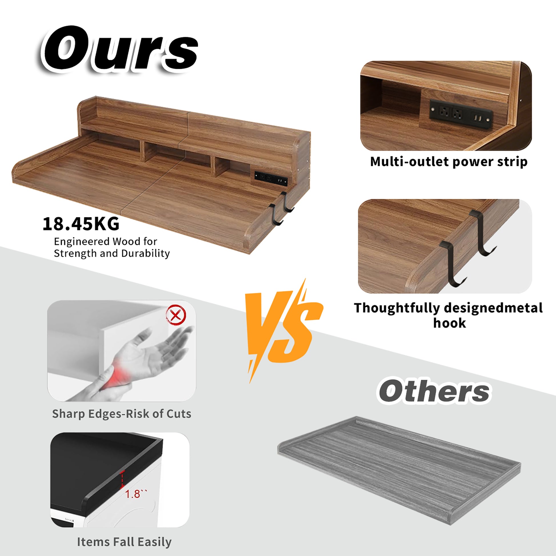 2-Tier Washer and Dryer Countertop with Power Outlet, 54" W x 27.5" D Large Laundry Countertop for Fold Clothes, Laundry Topper with Non-Slip Pads & Hooks and Storage Basket (Walnut Color) image 3
