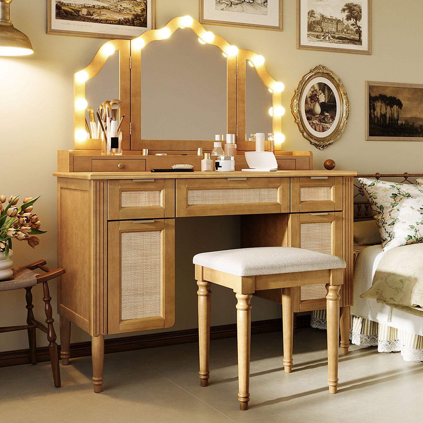44.37" Makeup Vanity Desk with Stool Set, 13 Hollywood Bulbs & 3 Lighting Modes Dressing Table, Tri-Fold Mirror Large Vanity Table with Cushioned Stool, Charging Station, Ample Storage, Natural image 2