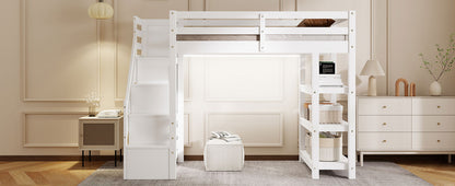 Twin Size Loft Bed with Shelves, Storage Staircase, Small Wardrobe and White LED Light, White image 7