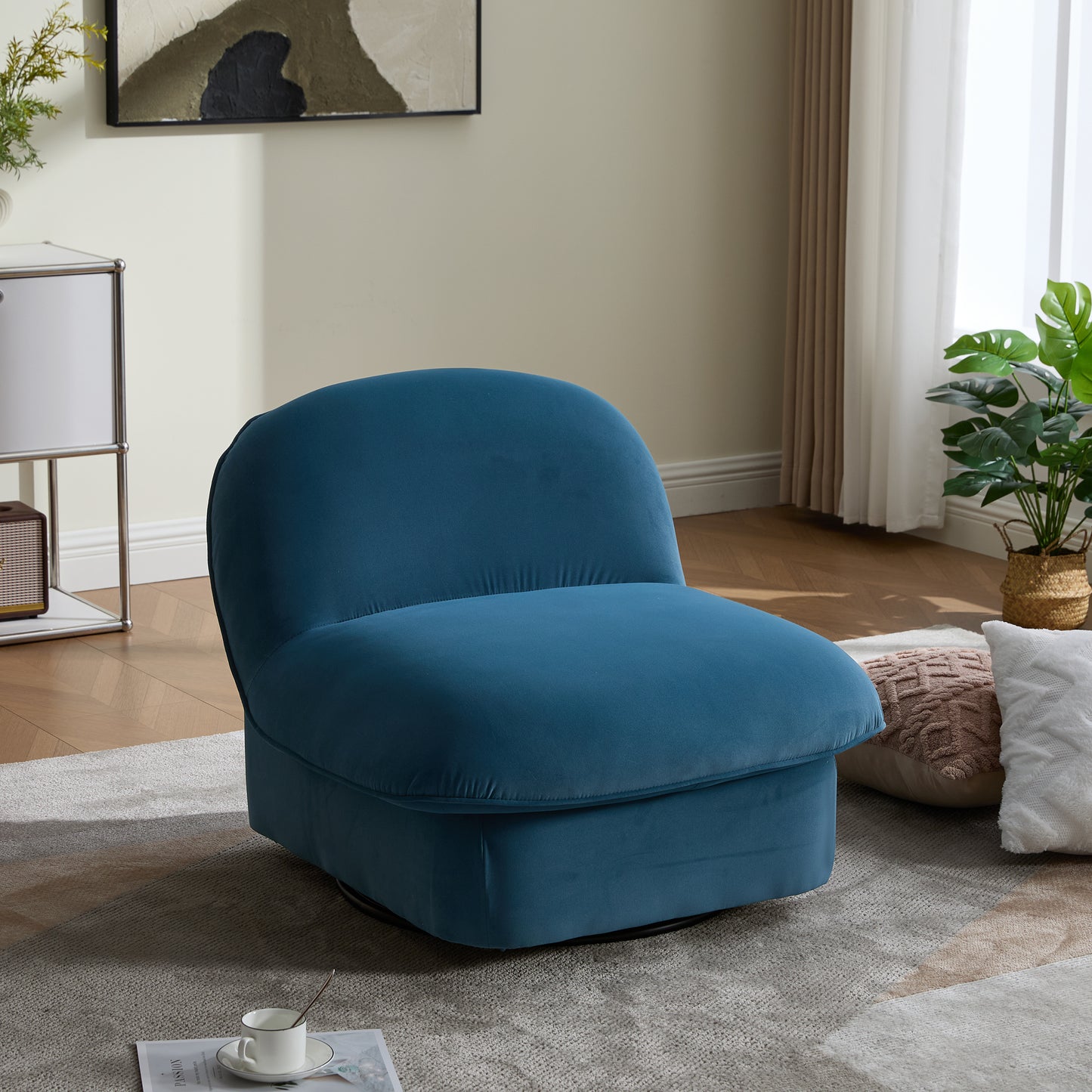 Swivel Accent Chair, 360-degree Metal Base with Velvet Fabric Upholstery, Comfy Pumpkin-Shaped Swivel Chair for Living Room, Bedroom, or Office image 1