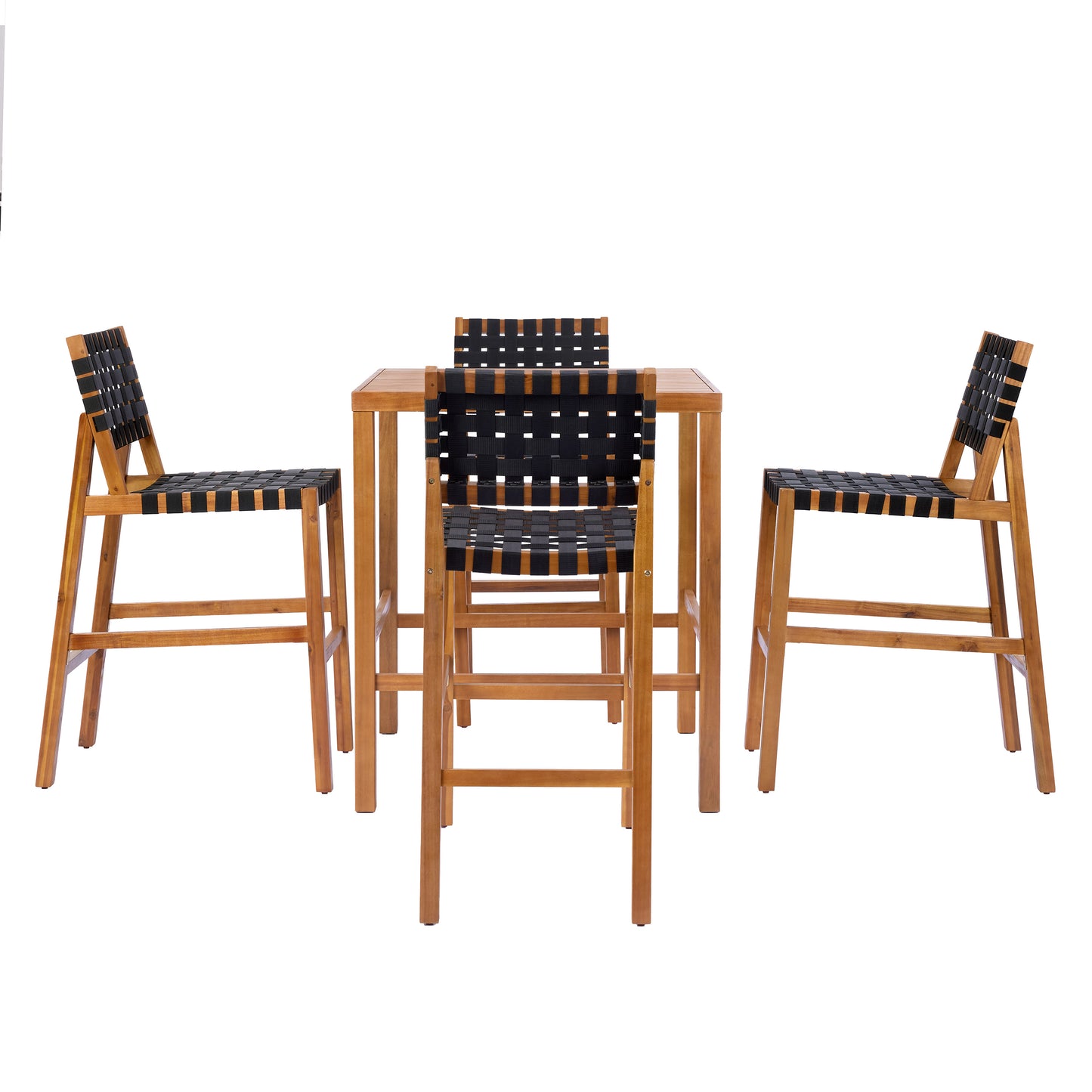 30.5 Inch Seat Height Outdoor Acacia Solid Wood Patio Furniture Set, Black Pe Woven Rope, Breathable and Comfortable,Indoor & Outdoor Use,Teak Finish+Black Rope(set of 5) image 4