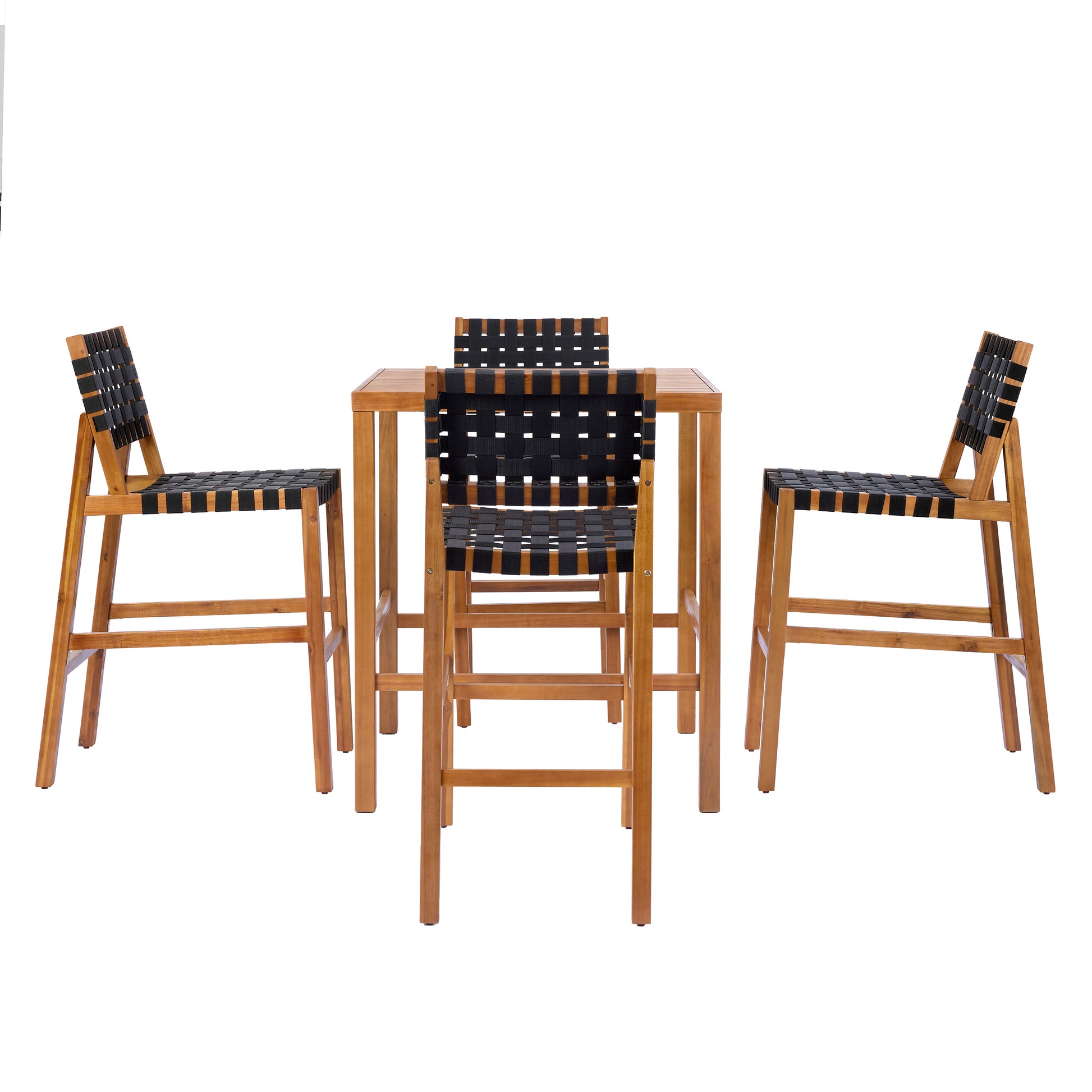30.5 Inch Seat Height Outdoor Acacia Solid Wood Patio Furniture Set, Black Pe Woven Rope, Breathable and Comfortable,Indoor & Outdoor Use,Teak Finish+Black Rope(set of 5) image 4