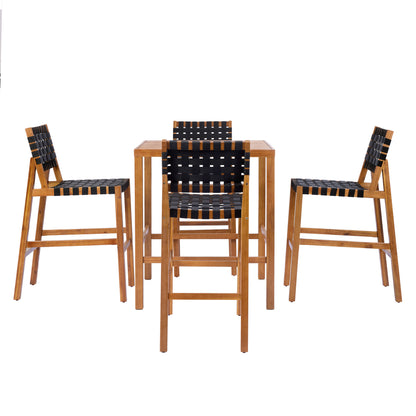 30.5 Inch Seat Height Outdoor Acacia Solid Wood Patio Furniture Set, Black Pe Woven Rope, Breathable and Comfortable,Indoor & Outdoor Use,Teak Finish+Black Rope(set of 5) image 4