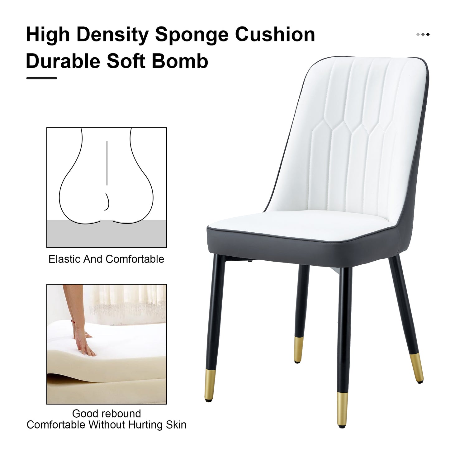 A modern dining chair with a white dark gray dual tone PU leather backrest and black metal legs, suitable for kitchens, bedrooms, and offices. A set of 4 pieces (white+dark gray+PU)C-007 image 8