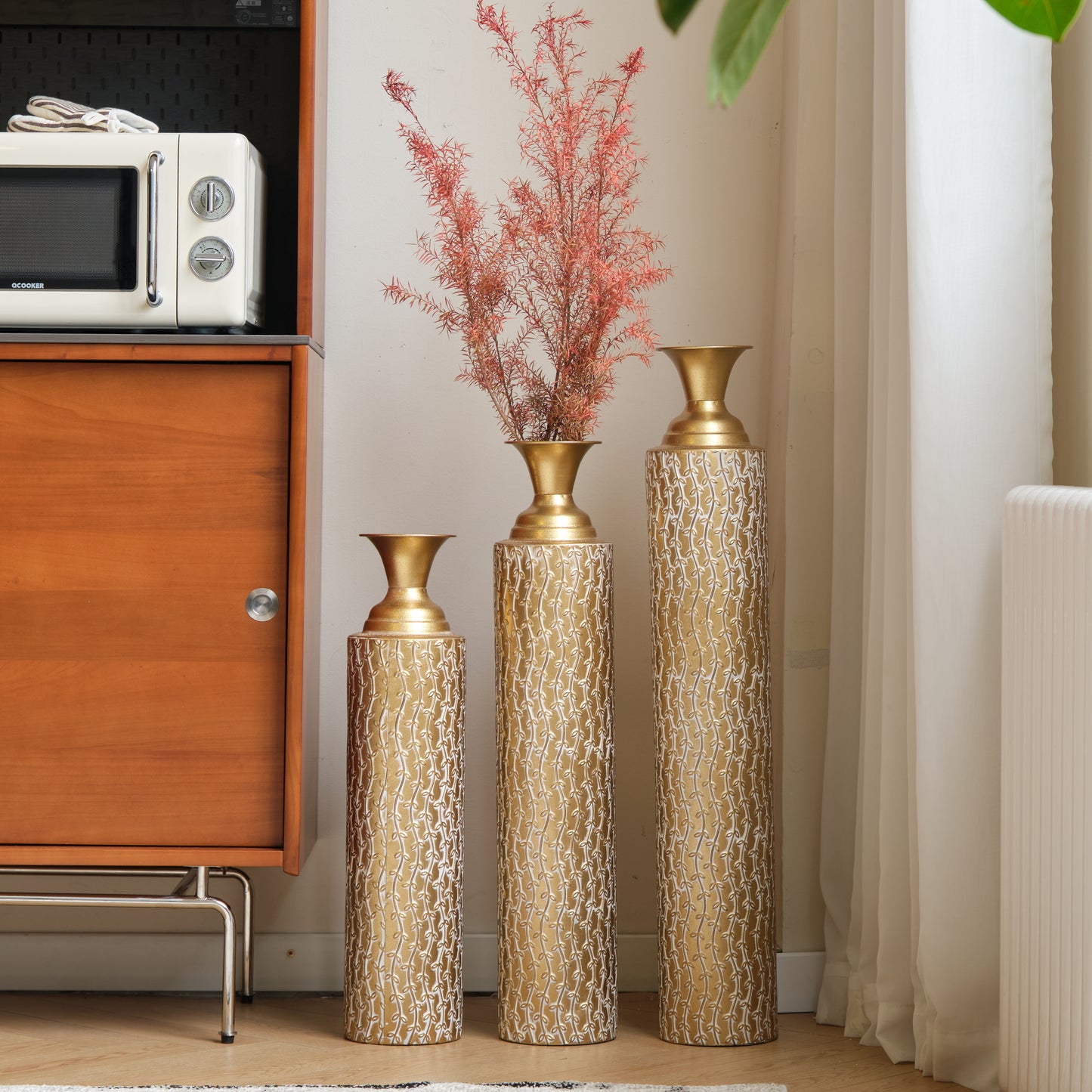 Metal decorative vases High distress metal center vases with growing vine patterns, set of 3 vases for home decoration 34 ", 29 ", 25 "H, gold image 11