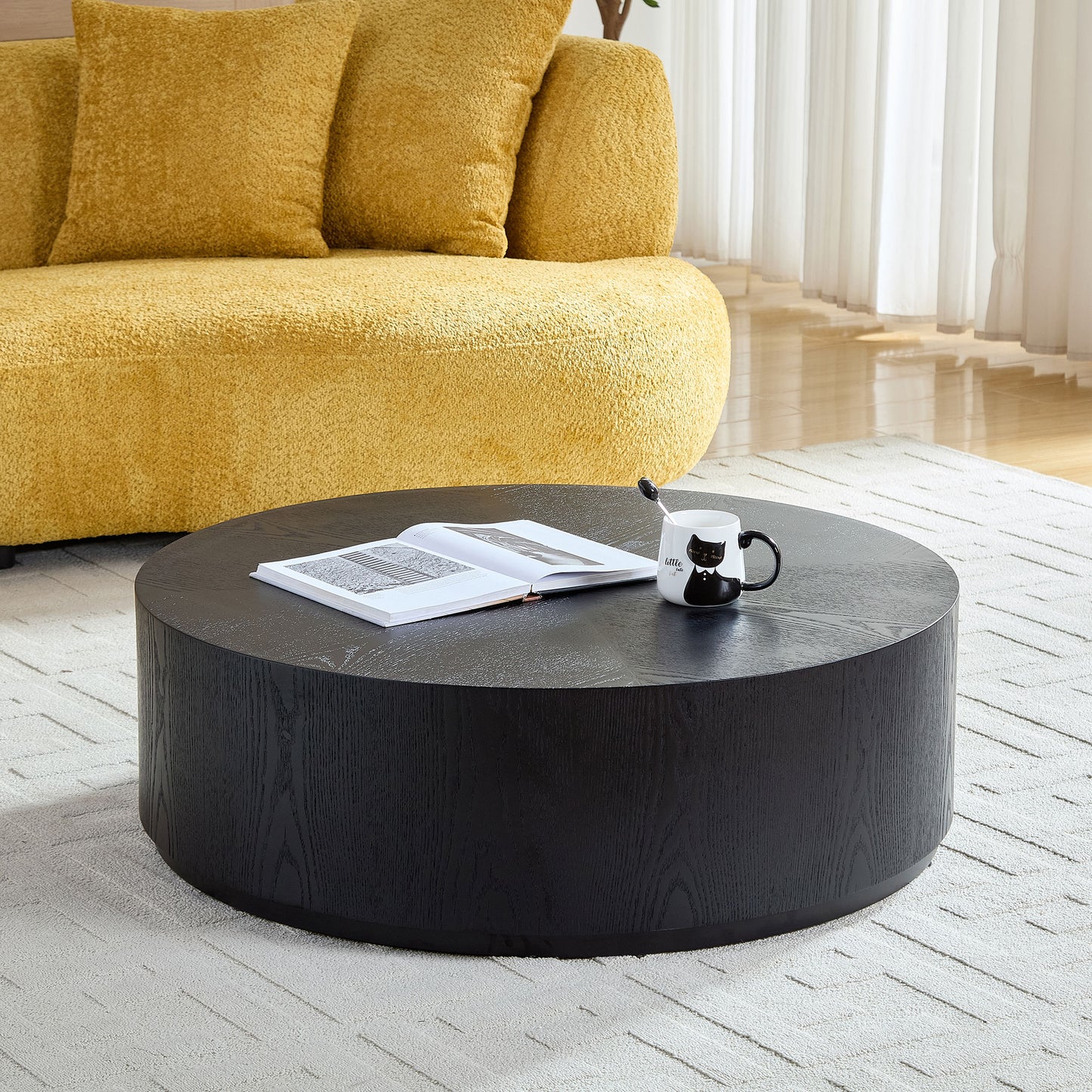 35.43 Inch Modern Round Coffee Table MDF Coffee Table for Living Room,Drum Center Table for Apartment,No Need Assembly,Black W2582P188323 image 1