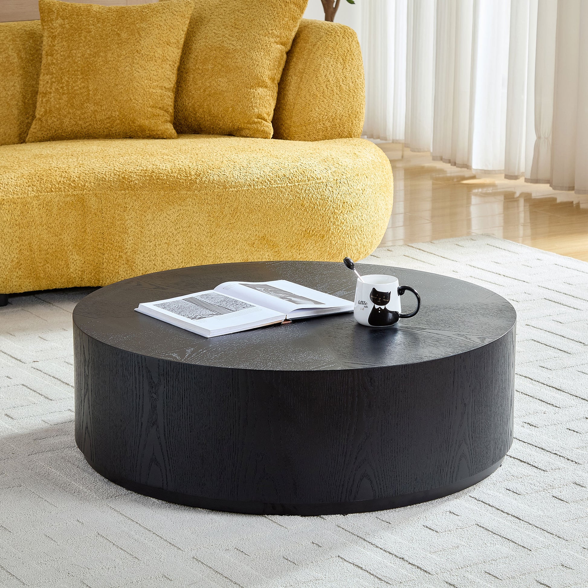 35.43 Inch Modern Round Coffee Table MDF Coffee Table for Living Room,Drum Center Table for Apartment,No Need Assembly,Black W2582P188323 image 1