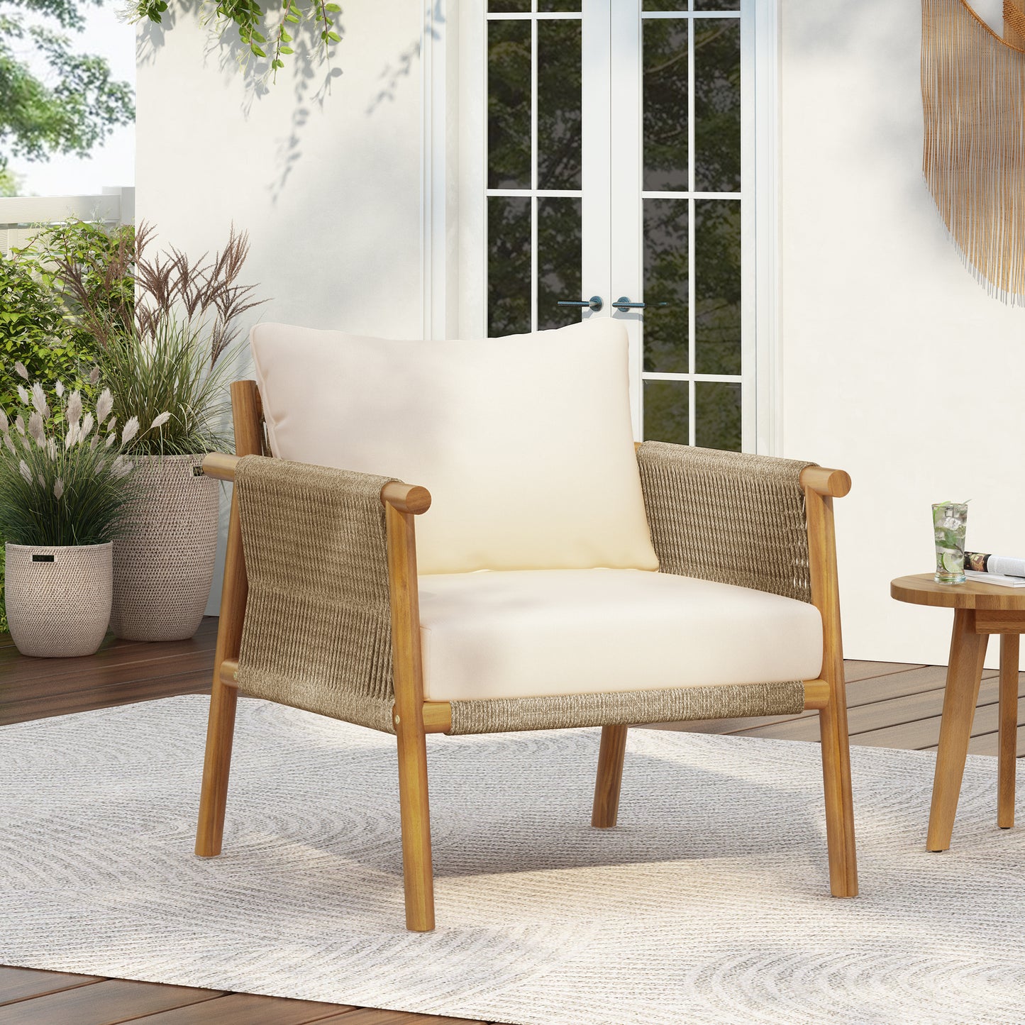 28" Modern Outdoor Woven Lounge Chair with Solid Wood Frame and Comfortable Polyester Cushions, Perfect for Patio, Garden, or Balcony image 1