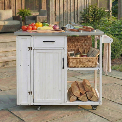 Outdoor Kitchen Island Fir Wood Prep Station Lockable Kitchen Cart with Stainless Top, Ample Storage Space, Towel and Spice Racks for Patio and Outdoor, White image 1