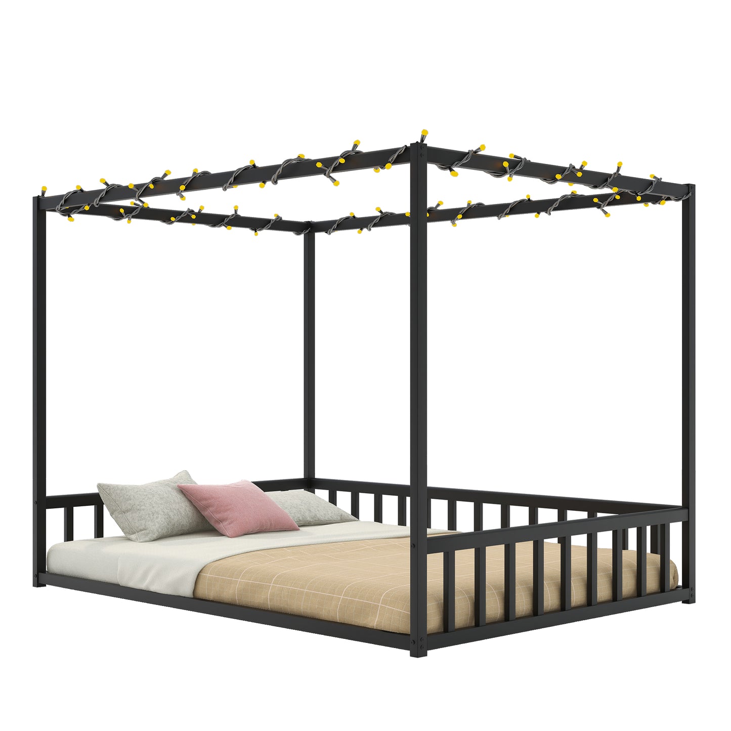Full size sunshade floor bed, iron double-size bed frame, modern low-profile double-size bed, equipped with fence-style guardrails, black series image 4