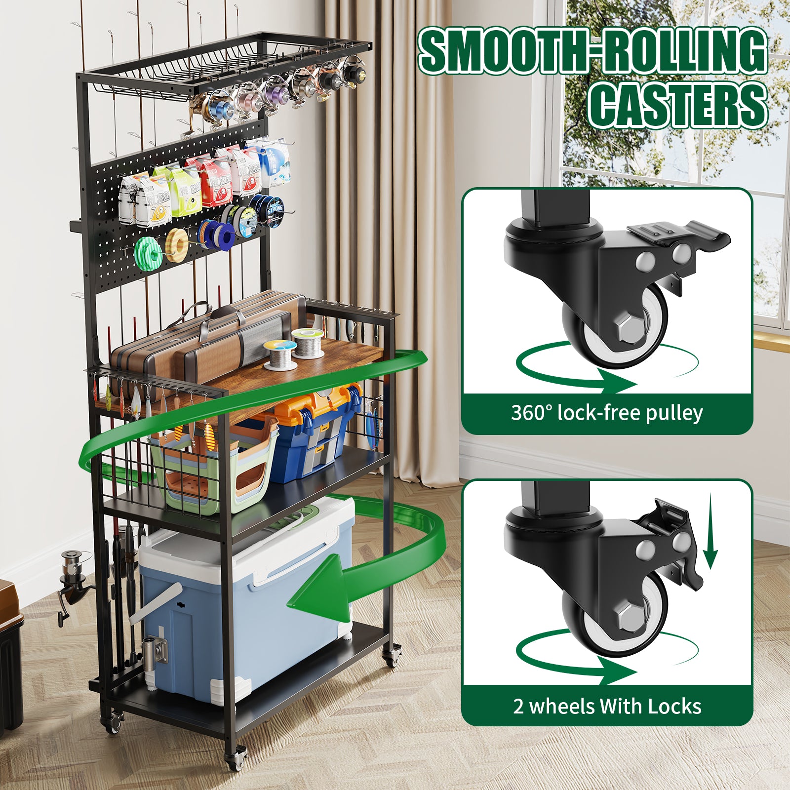 Fishing Rod Storage Rack with Pegboard, Rolling Tackle Organizer Cart, Multi-Tier Fishing Gear Stand for Rods, Reels, Tackle Boxes & Bags, Heavy Duty Metal Holders with Lockable Wheels image 7