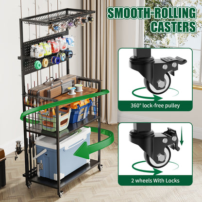 Fishing Rod Storage Rack with Pegboard, Rolling Tackle Organizer Cart, Multi-Tier Fishing Gear Stand for Rods, Reels, Tackle Boxes & Bags, Heavy Duty Metal Holders with Lockable Wheels image 7