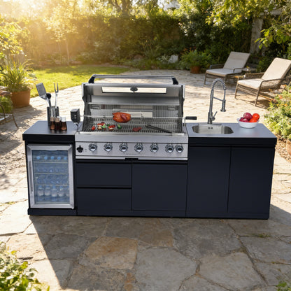 96-Inch 6-Burner 85000 BTU Deluxe Stainless Steel Gas Outdoor Kitchen Bar Barbecue Island Grill + Wine Cooler Compact Refrigerator + Rotisserie + Stainless Steel Countert + Storage Cabinets & Drawers image 1