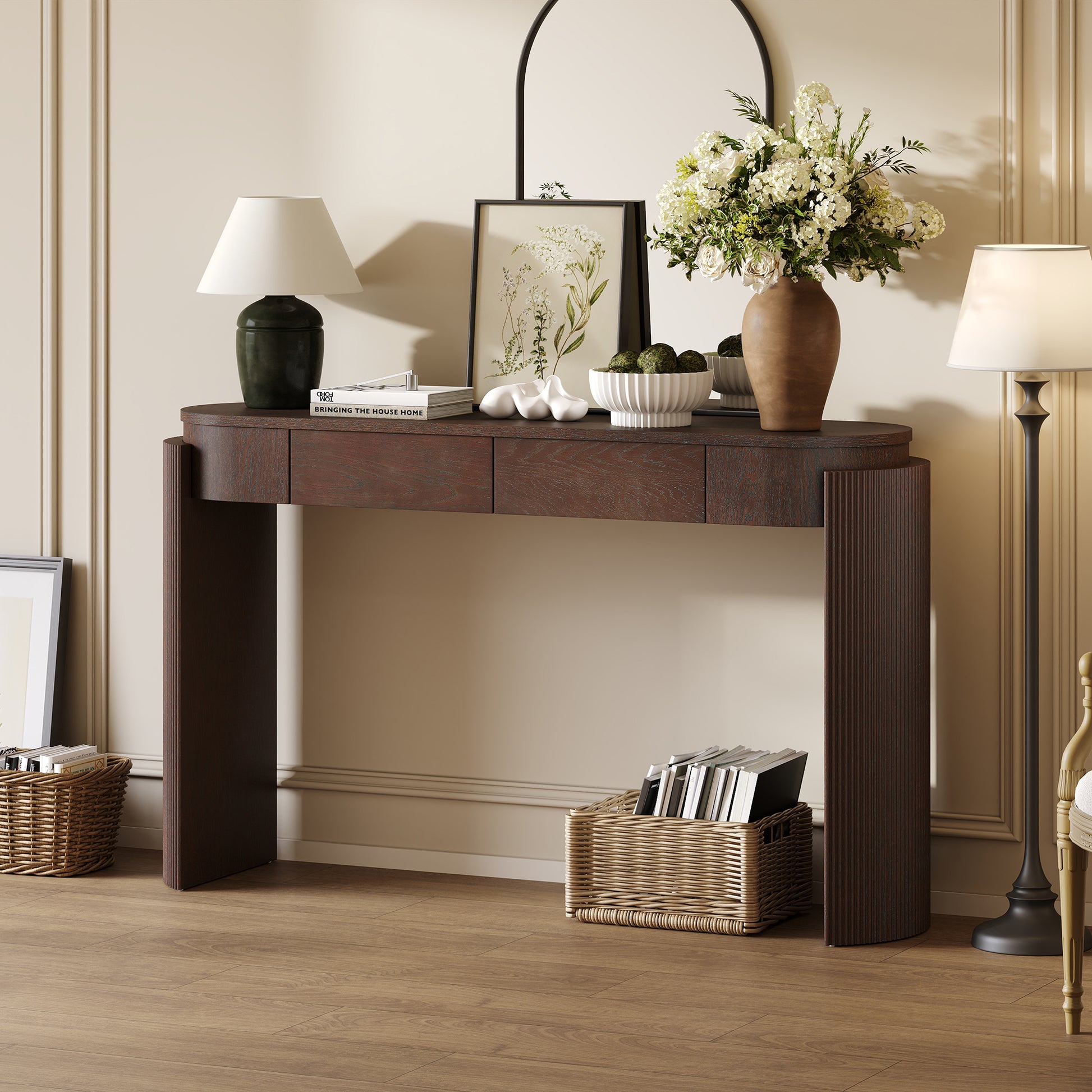 TREXM Entryway Table with Natural Wood Grain Finish, Console Table with Fluted Design, Oval Top and 2 Drawers for Entryway and Living Room (Espresso) image 11