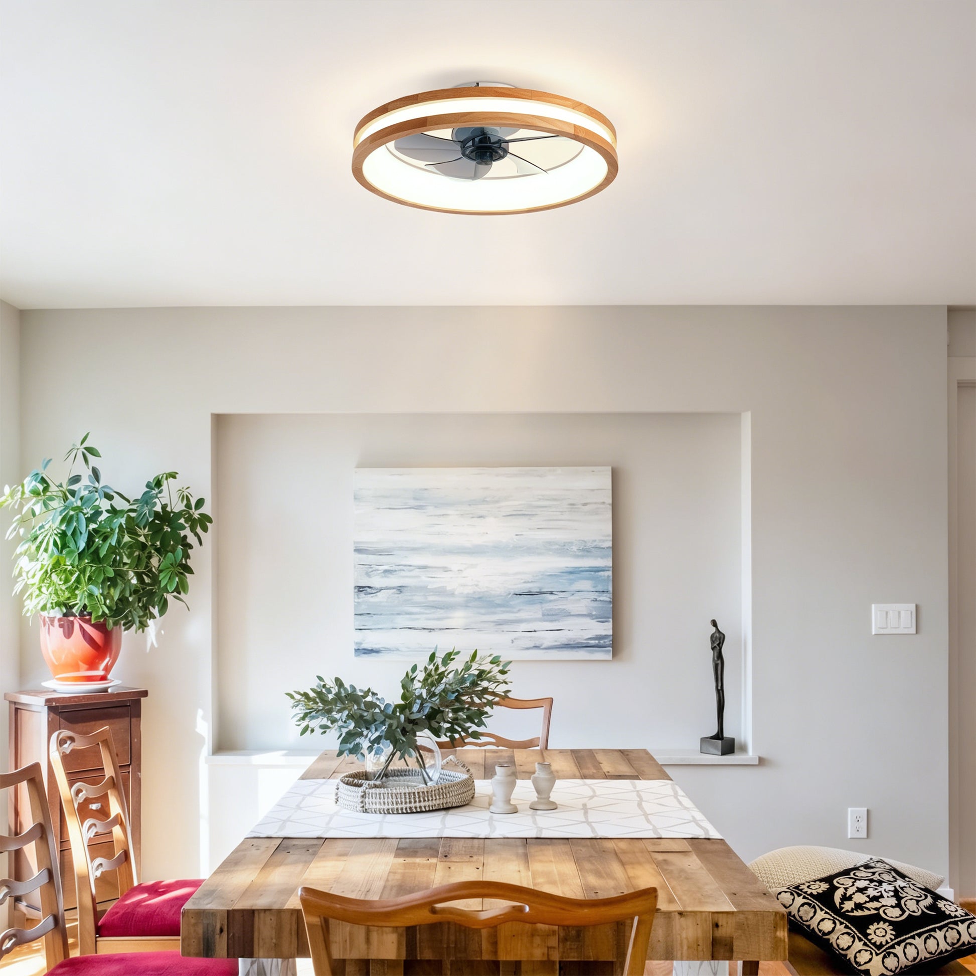 Ceiling Fans with Kit,LED Light Source and Remote Control, 3000-6500K Dimmable Modern Flush Mount LED Fan Light, 6 Speeds, Quiet DC Motor For Living room, Bedroom,Kitchen----Natural Wood + White image 9
