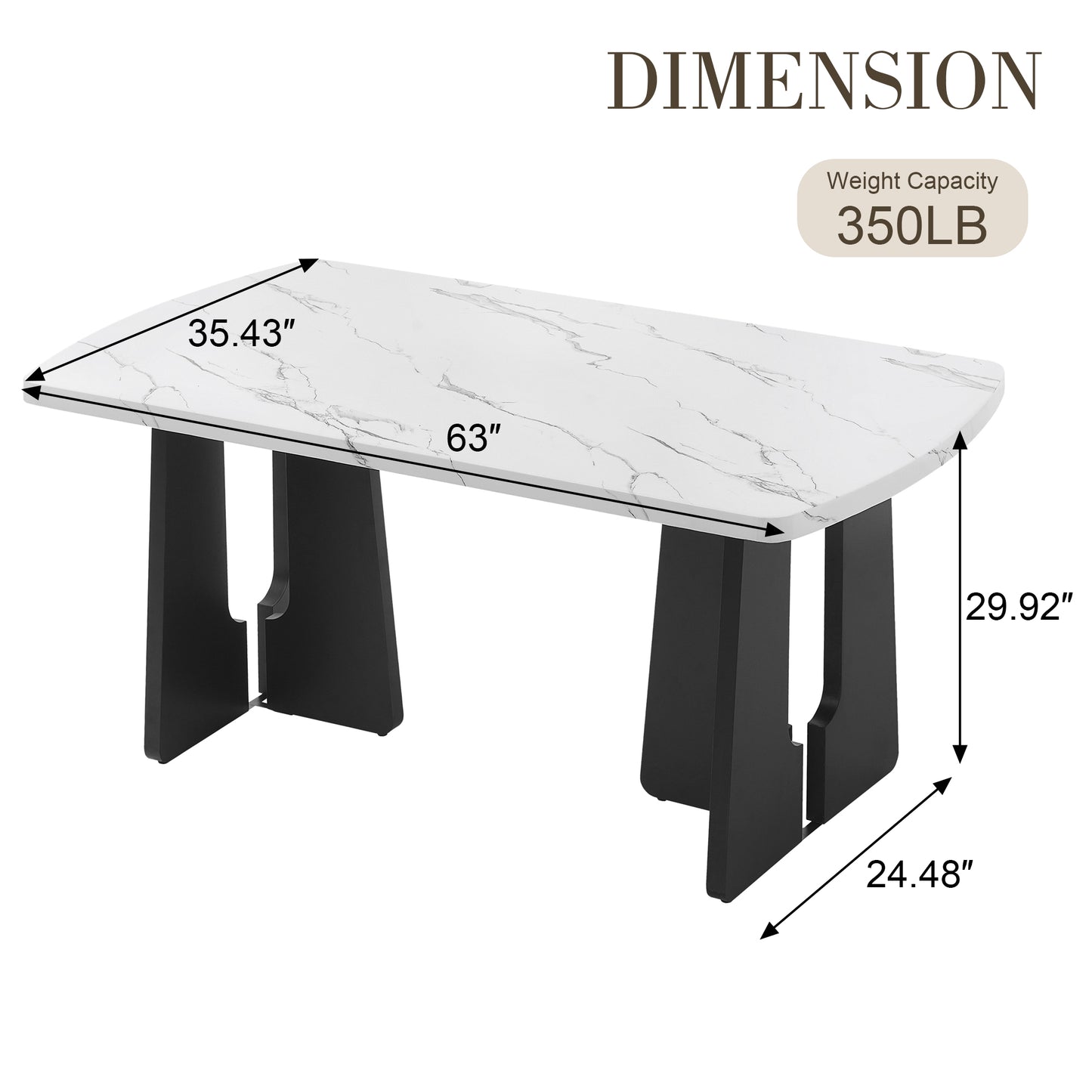 63" Modern Faux Marble Dining Table - Black/White Marble Top with Sturdy Geometric Legs, Stylish Kitchen & Dining Room Table for Home, Apartment, Office, Easy to Assemble, White+Black image 3