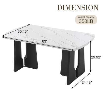 63" Modern Faux Marble Dining Table - Black/White Marble Top with Sturdy Geometric Legs, Stylish Kitchen & Dining Room Table for Home, Apartment, Office, Easy to Assemble, White+Black image 3
