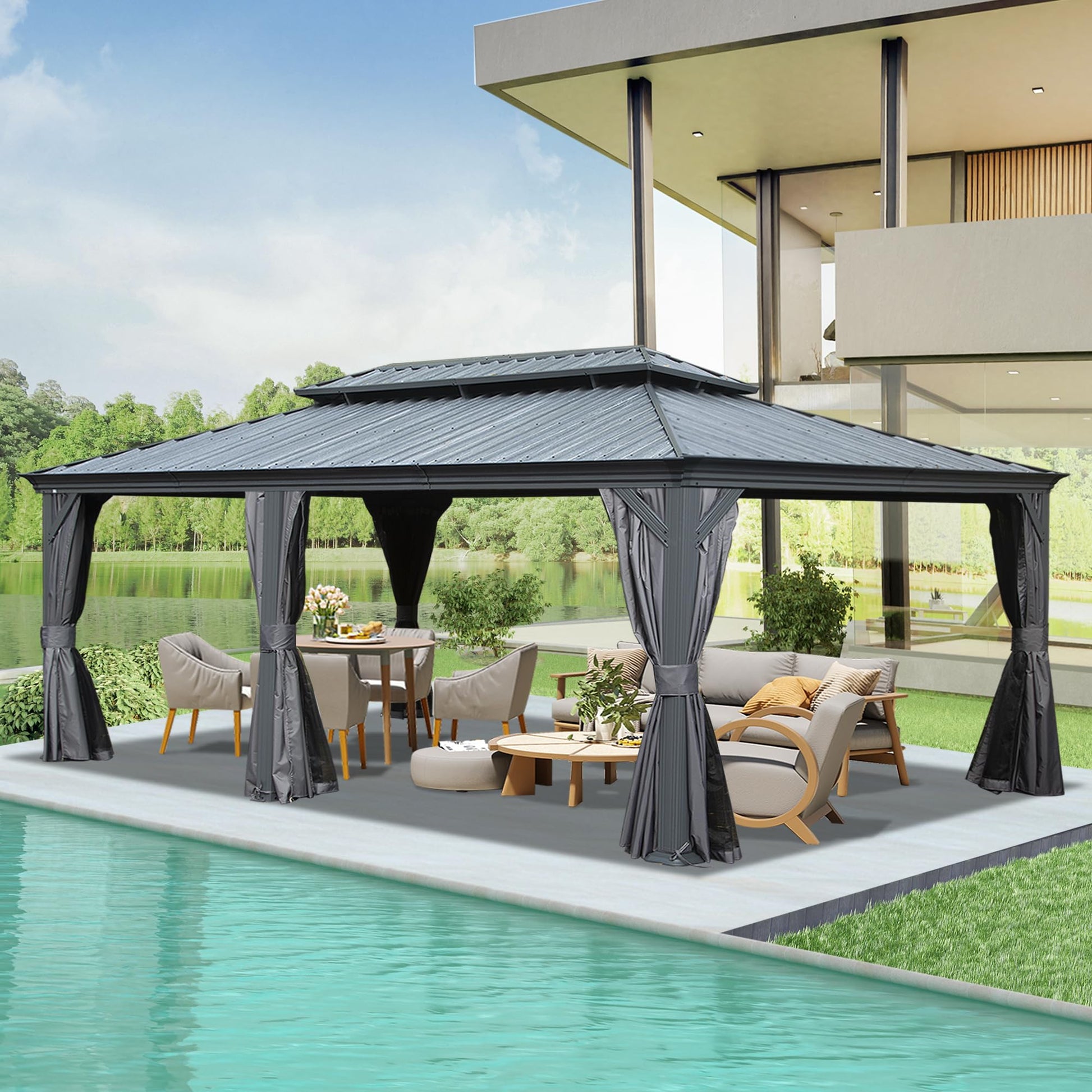 14' X 22' Hardtop Gazebo, Upgraded Metal Gazebo with Drainage System, Dual-Layer Galvanized Steel Roof, Curtain and Netting, Outdoor Shelter Canopy for Patio, Garden, and Backyard, Grey image 6