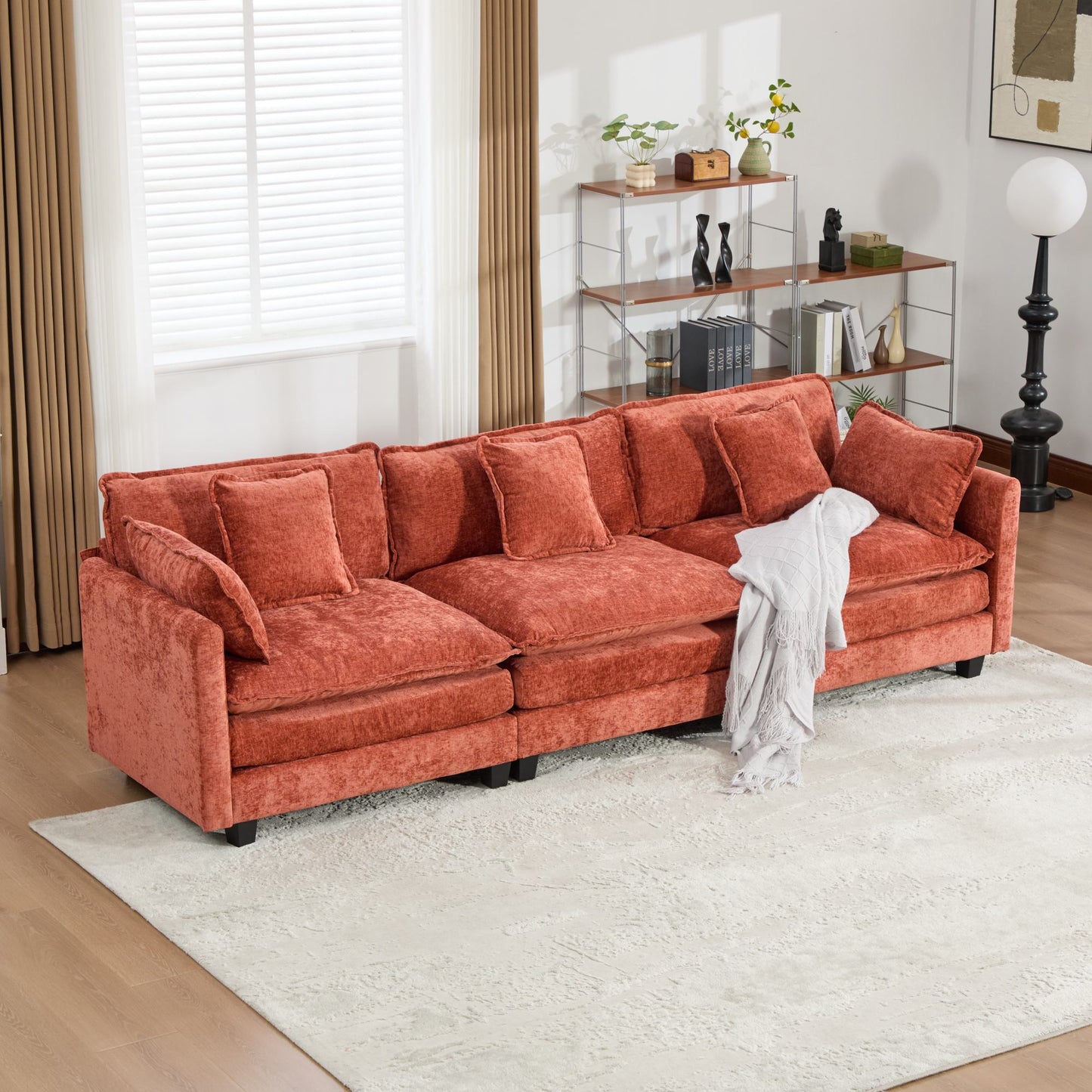 Cloud Sofa 3 Seats (Ottoman is not included), Modern Sectional Couch, for Living Room Bedroom and Apartment, Comfy Double Layer Upholstered Seat Cushion, Breathable Chenille Fabric,Orange,SS5013OG image 4