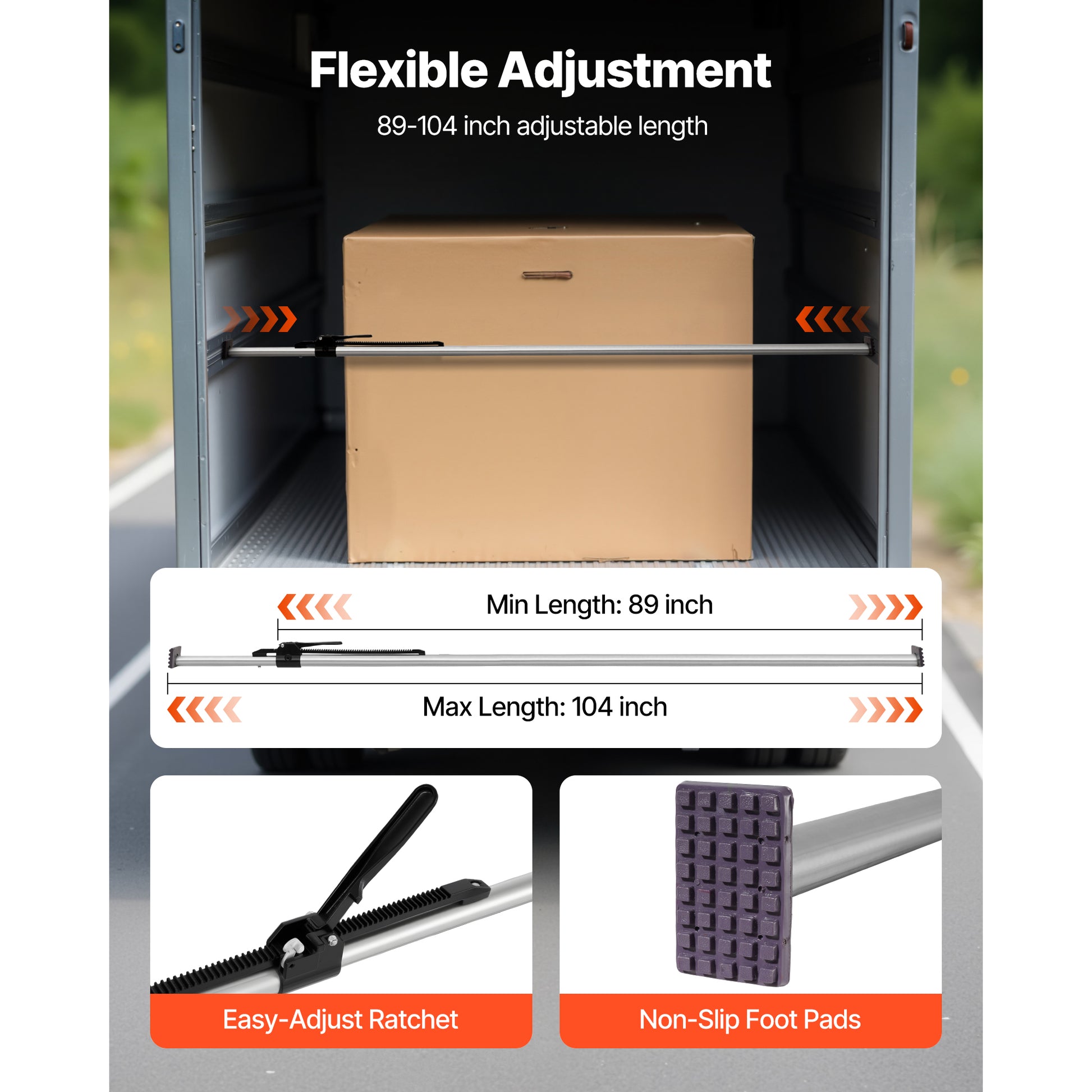 Cargo Bar, Cargo Bar Adjustable from 89" to 104", Heavy-duty Steel Cargos Stabilizer with Non-Slip Foot Pads, Truck Bed Load Lock Bars for Box Trucks, Semi-Trailers, Trailers (2PCS) image 3