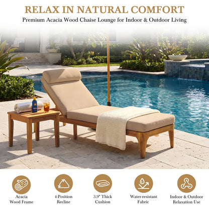 TOPMAX Acacia Wood Chaise Lounge, Outdoor Sun Lounge Chair, Patio Recliner with Adjustable Backrest and Head Pillow for Poolside, Backyard, Garden, Indoor&Outdoor, set of 2, Coffee Brown image 8