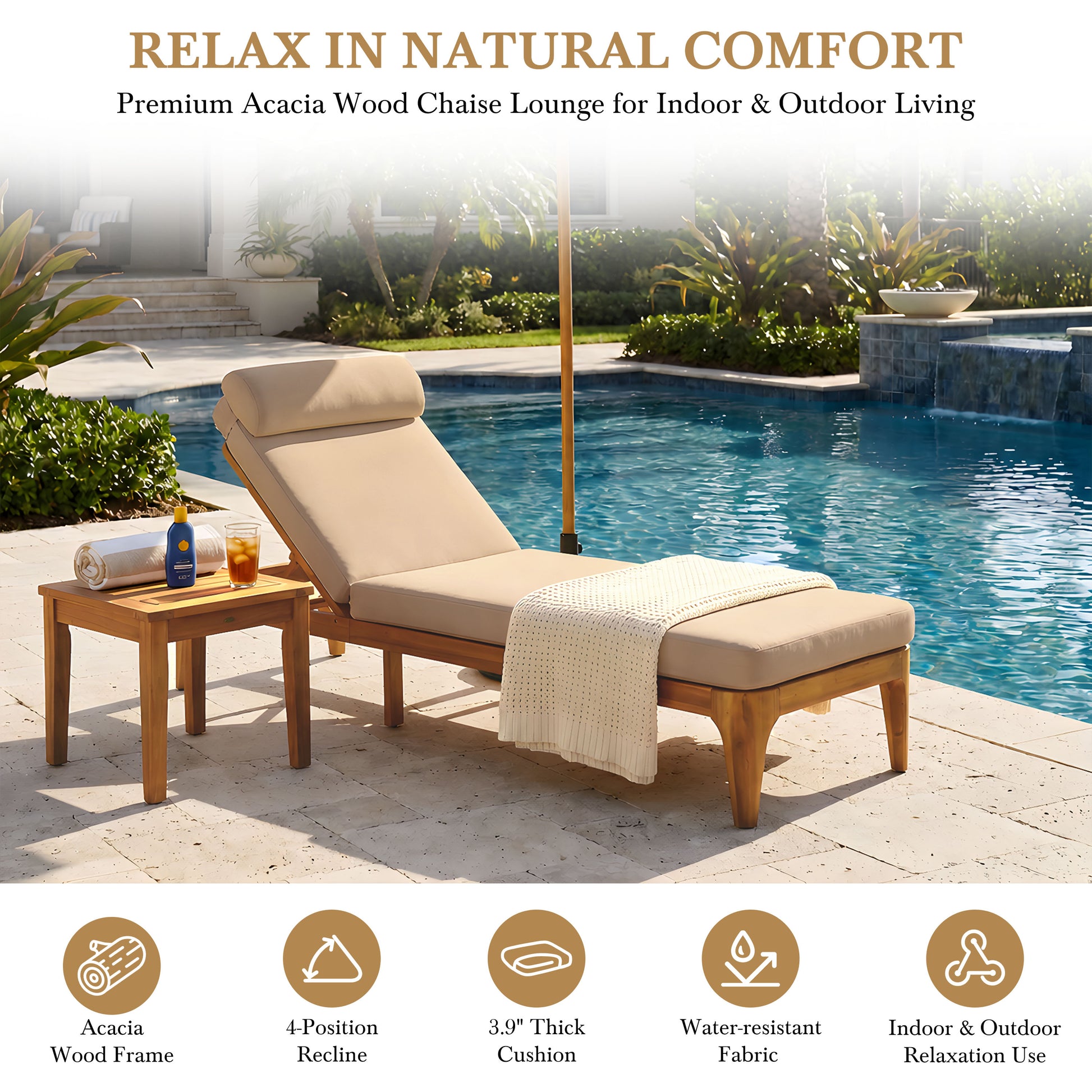 TOPMAX Acacia Wood Chaise Lounge, Outdoor Sun Lounge Chair, Patio Recliner with Adjustable Backrest and Head Pillow for Poolside, Backyard, Garden, Indoor&Outdoor, Coffee Brown image 5