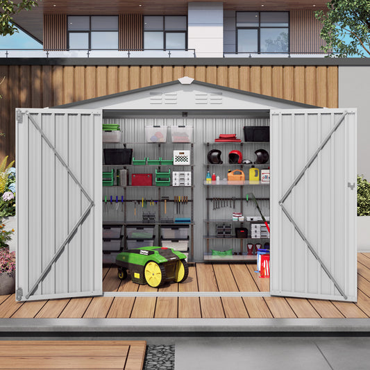 8X6 FT Metal Outdoor Garden Storage Shed, Tool Shed with Pitched Roof Waterproof with One Window and Two Lockable Door, Metal Tool Shed for Garden Tool Storage, Sundries and Bike Storage, White + Gray image 1