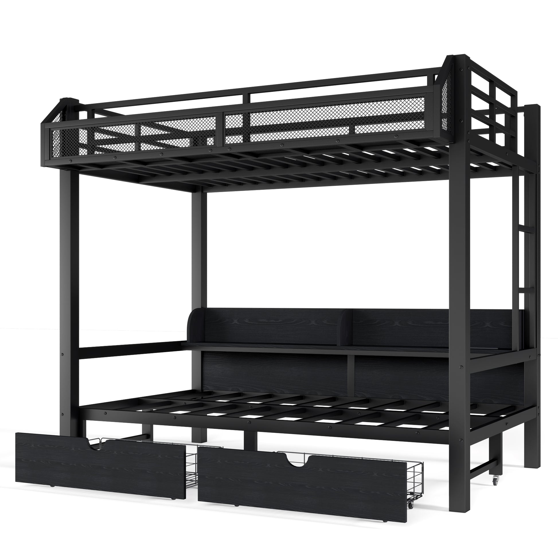 Twin over Twin Bunk Bed with Storage Shelves and Drawers,Multifunctional Metal Bunk Beds with USB Ports and LED Lights, Lower Bed that can be converted into a sofa, Black image 9
