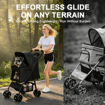 Foldable Pet Stroller for Small Dogs and Cats Under 28 lbs with Multi-Functional Tray, 2 Safety Leashes, Storage Basket & Breathable Mesh, 4 Wheels Pet Stroller, Black image 8