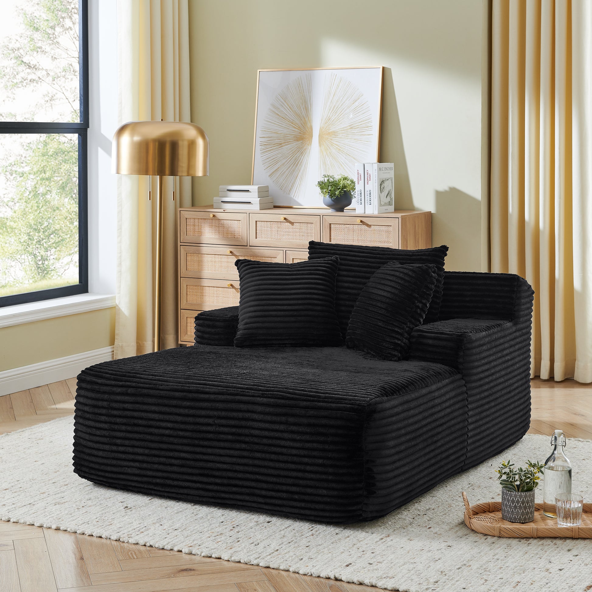 Single lazy sofa lounge chair, no assembly required, made of velvet fabric, fluffy modern single lounge chair, used for indoor living rooms and bedrooms-Black image 1