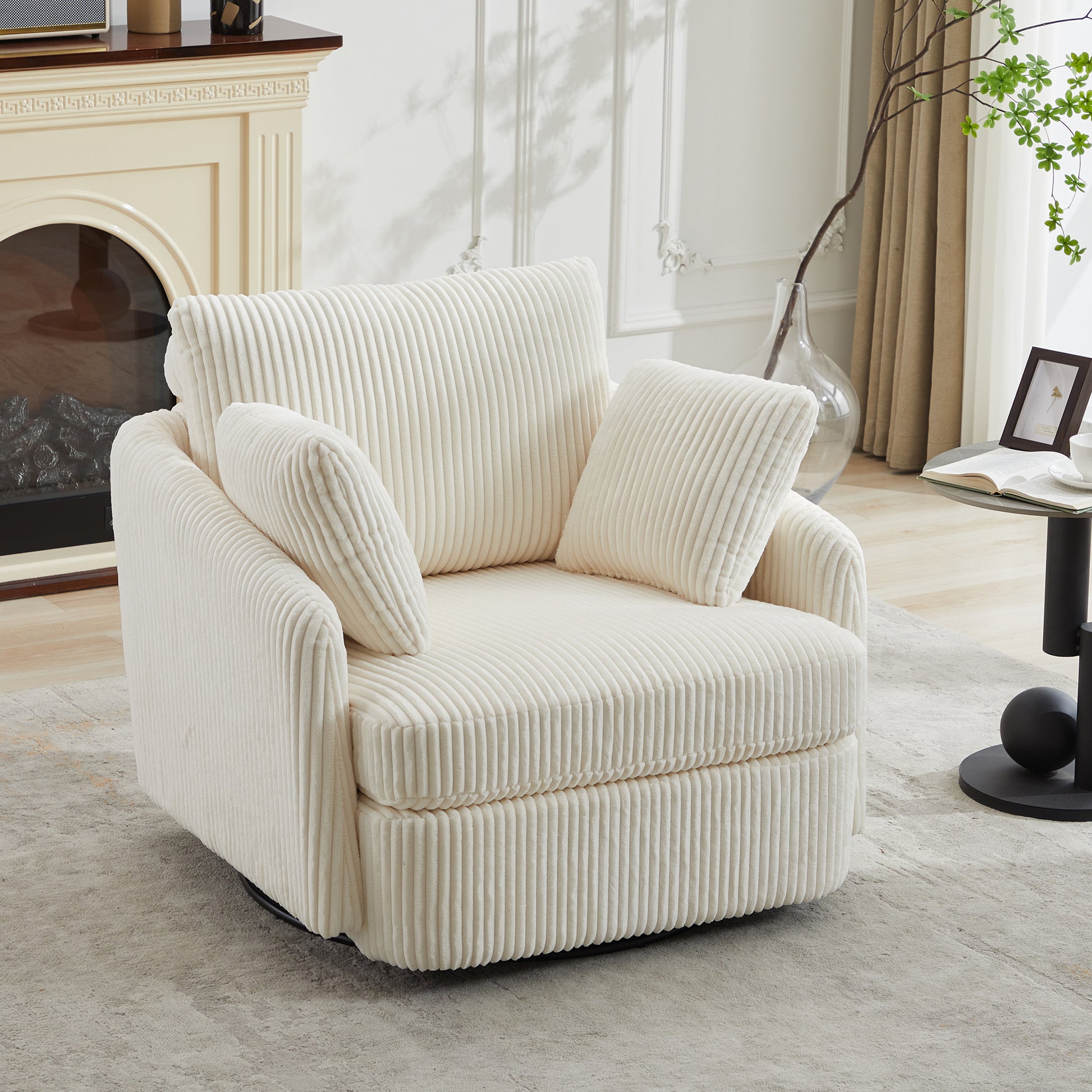 40.55''W Swivel Accent Chair With 2 Thorw Pillows 360 Degree Swivel Round Sofa Modern Oversized Arm Chair Cozy Club Chair for Bedroom Living Room Lounge Hotel, Ivory Corduroy image 1