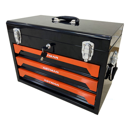 20'' Portable 3-Drawer Steel Toolbox, 4 Layers of Tools with Metal Latches, with Top Storage Tray and carrying Handle, Multi-Function Tool Storage for Garage, Home, or Workbench,Black&Orange image 4