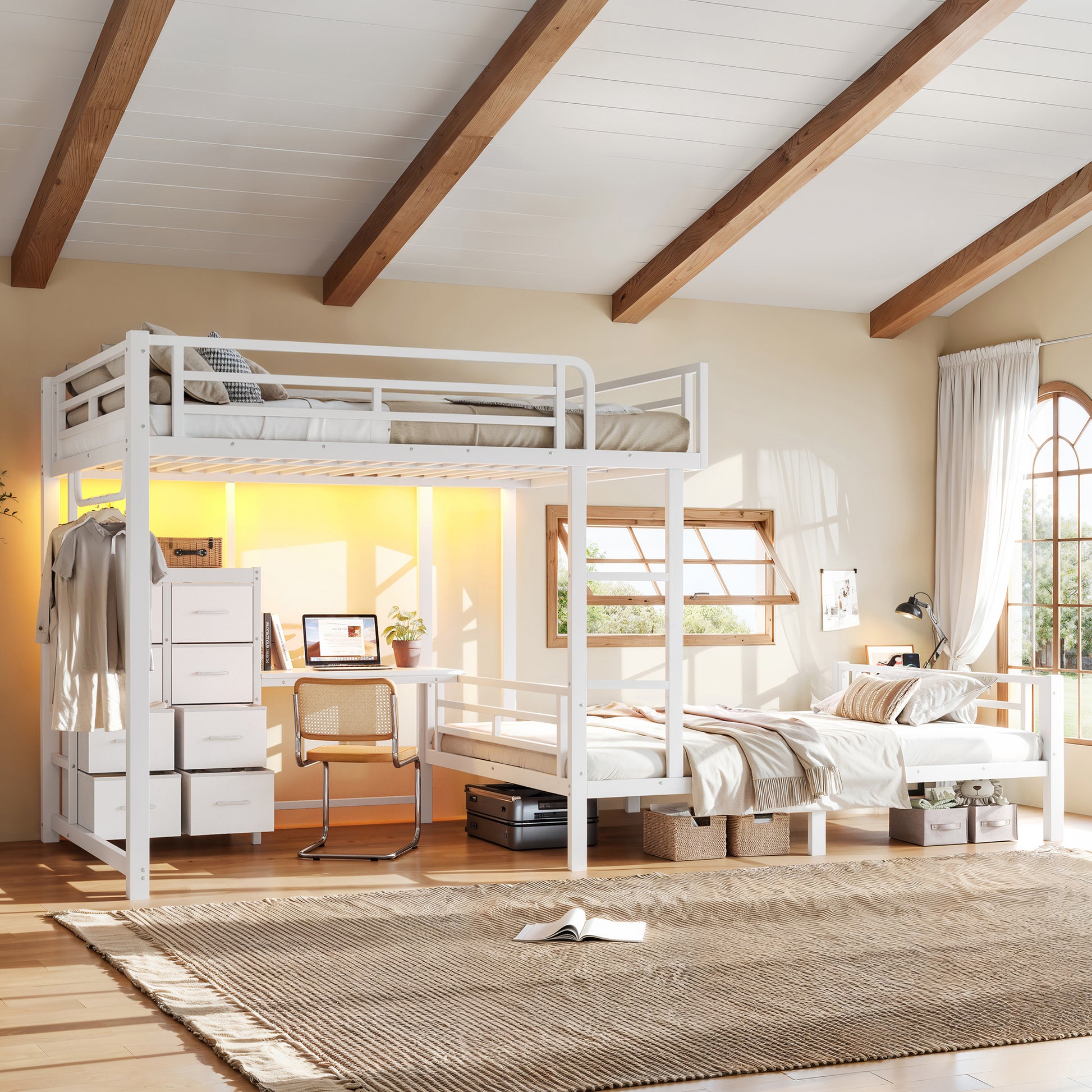 Full over Full Size with 8 Storage Drawers,Built in Bunk bed with Shelves,Bunk bed with Study Desk,Garment Hanging Rod and detachable hanging USB, Sturdy Steel Bed frame for Kids,Teens,adults,white image 3