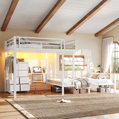 Full over Full Size with 8 Storage Drawers,Built in Bunk bed with Shelves,Bunk bed with Study Desk,Garment Hanging Rod and detachable hanging USB, Sturdy Steel Bed frame for Kids,Teens,adults,white image 3