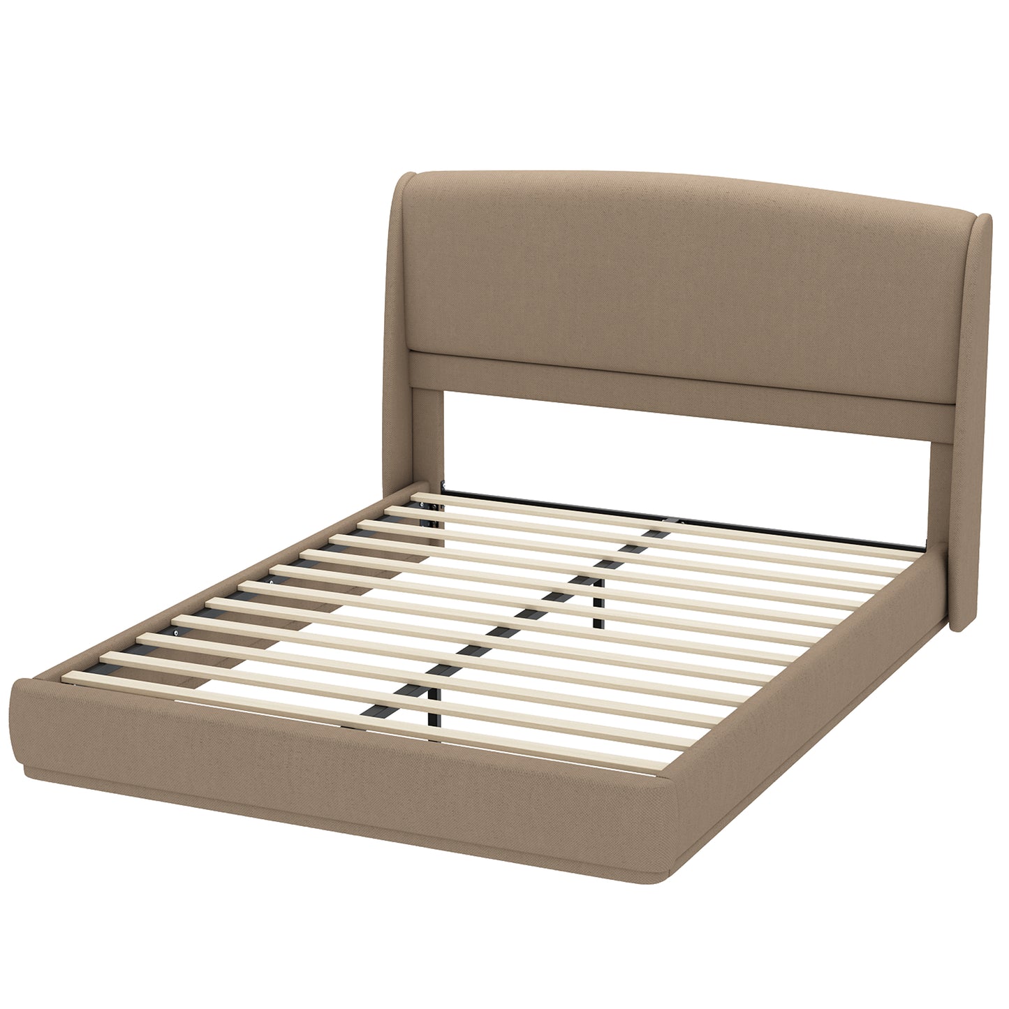 Upholstered Queen Bed Frame with Wingback Headboard, Low Profile Platform Bed with Padded Headboard, No Box Spring Needed, Easy Assembly, Elegant Linen Fabric, Brown image 10